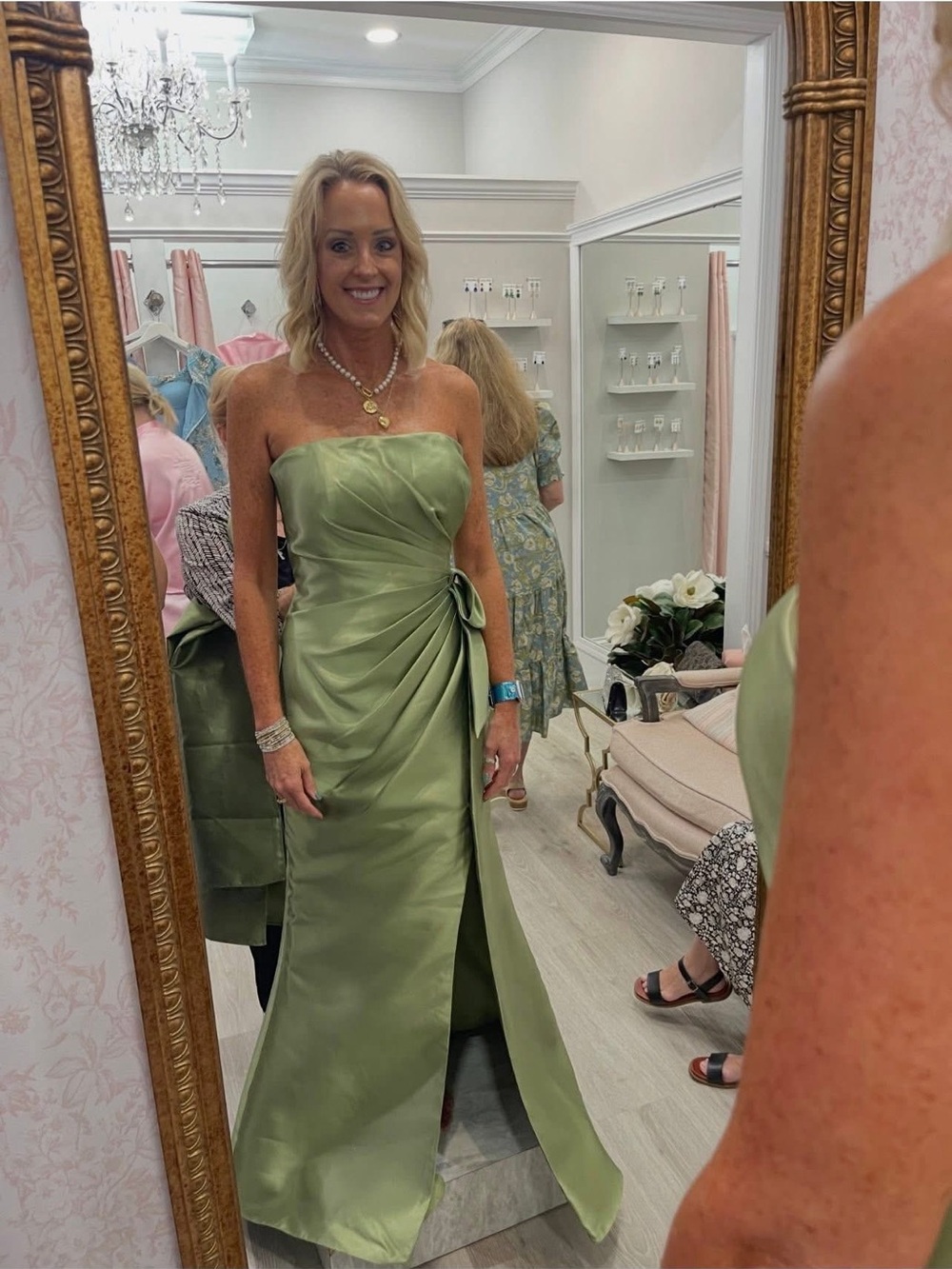Strapless Sage Green Satin Evening Gown with Side Draping